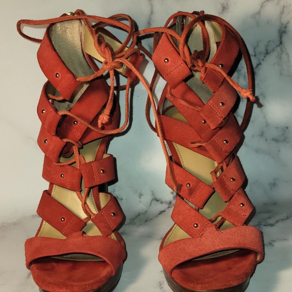 Michael Kors Red Suede Lace Up Strappy Heels Size 6M